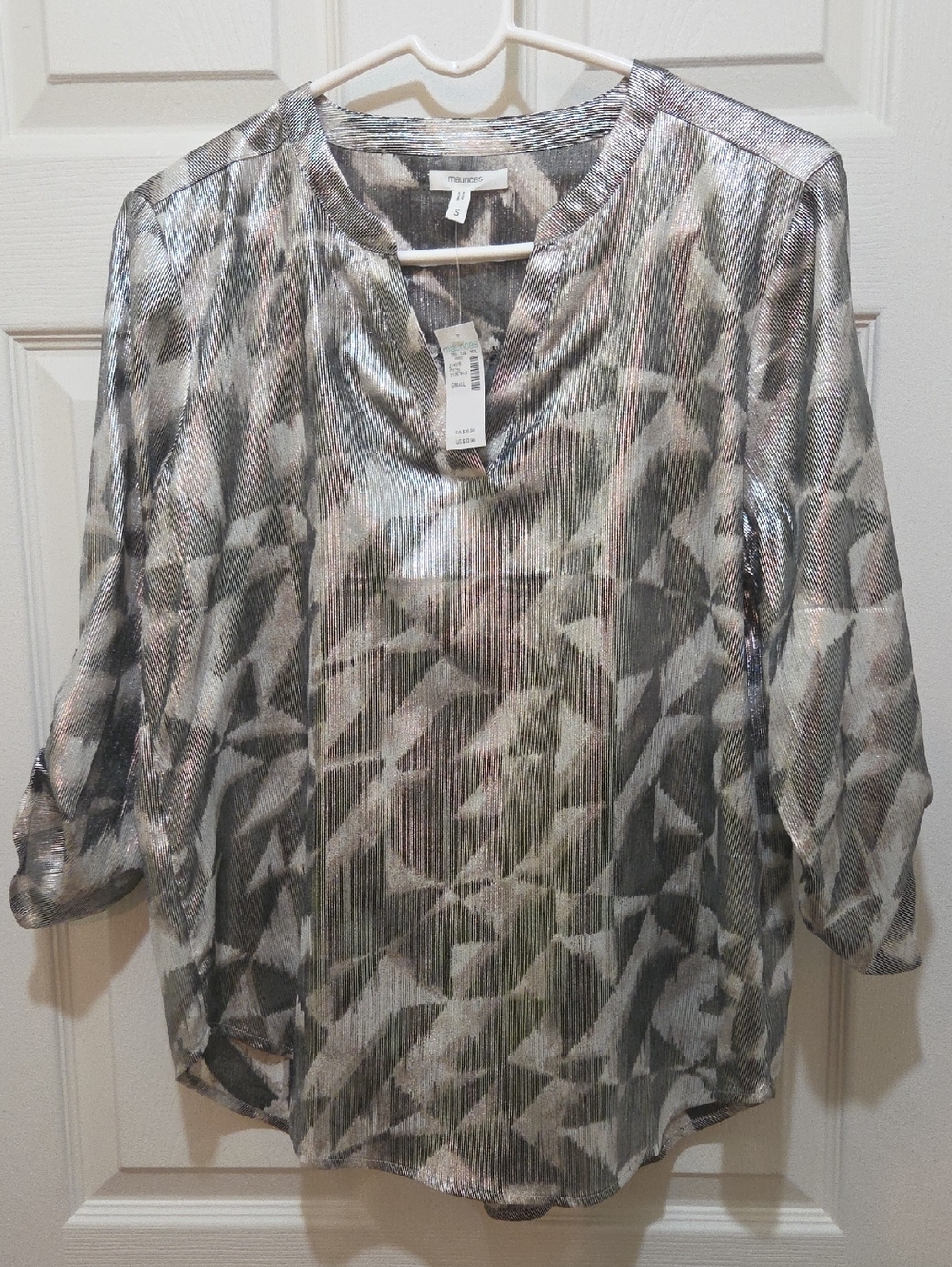 Maurices Metallic Silver Geo-Print V-Neck Blouse